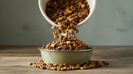 Dry pet food pouring from a bowl into another bowl on a wooden surface