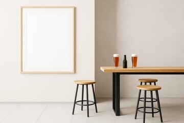 Contemporary minimalist bar interior with wooden stools and blank frame for mockup on light wall, featuring drinks on table in clean modern space.