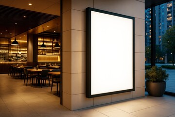 Blank illuminated billboard signage on modern restaurant interior wall with evening outdoor city view, perfect for branding or advertisement mockup.