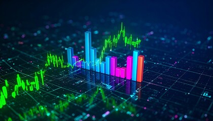 Vibrant 3D bar and line graphs illustrate market growth on a digital grid