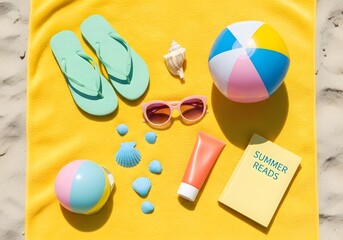 Summer essentials arranged on yellow towel inviting relaxation, beach reading, and vacation fun