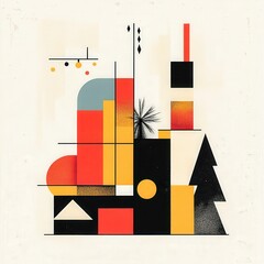 Minimalist abstract art inspired by festive celebrations with harmonious geometric shapes and subtle holiday motifs on a clear isolated background