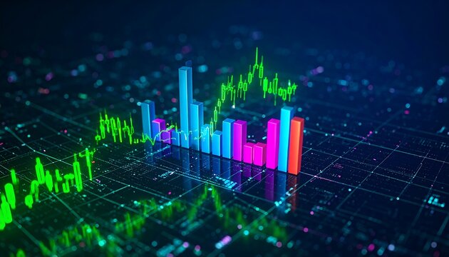 Vibrant 3D bar and line graphs illustrate market growth on a digital grid