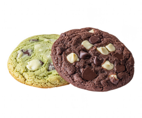 Two delicious cookies isolated on transparent background, chocolate and green mint flavor