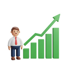 Cartoon businessman standing next to a rising bar graph isolated on transparent background