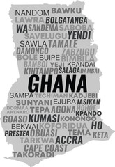 Ghana Map with Major Cities, Towns, and Landmarks – Detailed Typography Vector