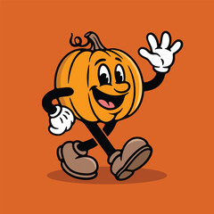 Retro Cartoon Pumpkin Character, Vintage Halloween Pumpkin Mascot, Walking Pumpkin Illustration