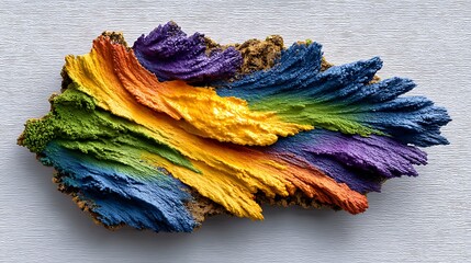 Colorful abstract smear of oil paint on palette, layers overlapping in thick textured patterns with studio backdrop.