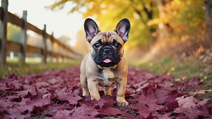 French bulldog puppy in autumn park