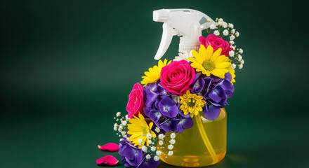 Floral arrangement featuring vibrant roses, daisies, and purple flowers, creatively placed on a spray bottle against a dark green background, showcasing beauty and nature