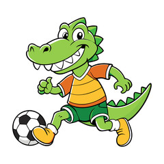 Naklejka premium Cartoon alligator playing soccer in a striped shirt, vector character illustration