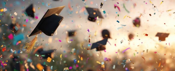 The graduation caps fly in celebration of academic achievements in joyful moments.
