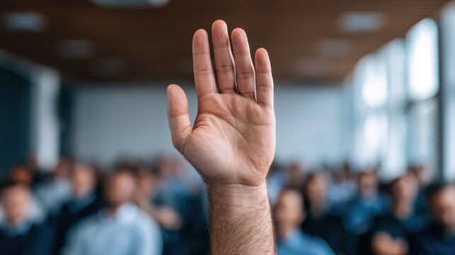 Confidence and being someone who likes to ask questions. A close-up of a hand raised during a seminar, symbolizing confidence and willingness to speak up. - Powered by Adobe