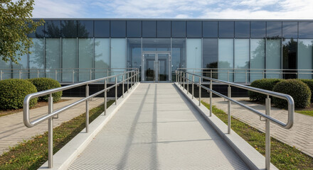 Modern building entrance featuring a wide ramp leading to glass doors, surrounded by manicured bushes and a clear blue sky, showcasing contemporary architectural design and accessibility