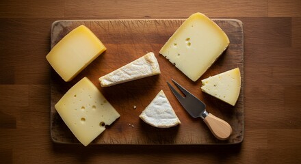 Assorted Cheese Board on Rustic Wooden Table – Top View