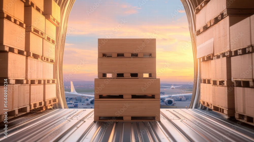 Poster logistic air freight a view from inside a cargo plane showing rows of secured pallets and containers