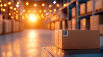 logistic Warehouse Interior Close up of a barcode scanner reading a label on a box, highlighting inventory management, logistics tracking, and supply chain technology.