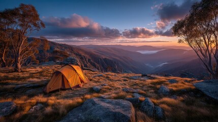 Obraz premium Mountain summit with minimalist solo tent