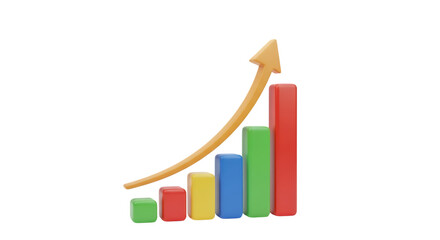 Colorful bar chart with upward trending arrow isolated on transparent background
