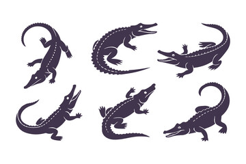 Crocodile and Alligator Silhouette Set. Vector Wild Reptile Predator Illustrations
