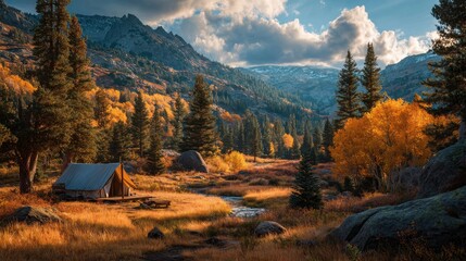 Mountaintop camp in golden autumn light
