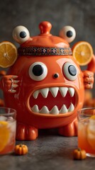 Playful Orange Monster Punch Bowl with Citrus Garnish and Mini Pumpkins
