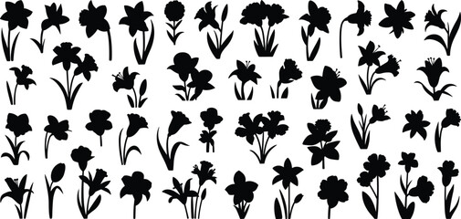 Collection of flower silhouette vector illustrations, various floral shapes with stems and leaves, black botanical elements for garden, nature, and decorative-themed design projects