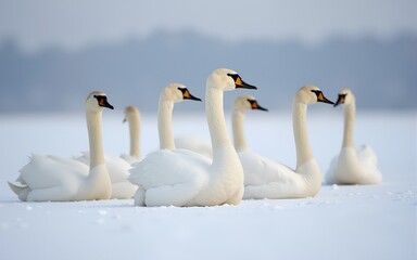 Whooper swans on wintering in the south of Western Siberia. Light Lake. The reserve "Swan". High quality