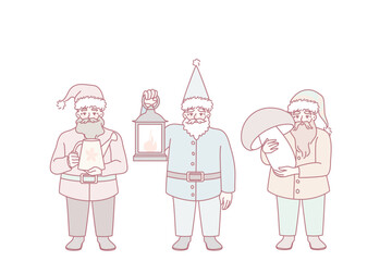 Funny little garden gnomes holding objects. Set of diverse small fairytale characters for outdoor house decoration. Exterior design. Vector illustration.