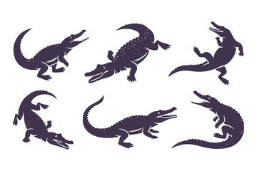 Fototapeta premium Crocodile and Alligator Silhouette Set. Vector Wild Reptile Predator Illustrations
