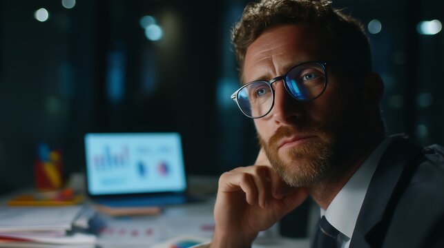Thoughtful Man Wearing Glasses Analyzing Data in Office at Night