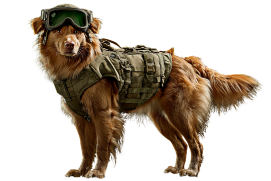 Heroic Nova Scotia Duck Tolling Retriever Wearing Full Tactical Gear with Night Vision Goggles, Intense Stance, Isolated on Transparent Background