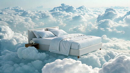 Surreal digital artwork depicting a bed floating among fluffy white clouds against a light blue sky.