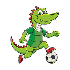 Fototapeta premium Cartoon alligator playing soccer in a striped shirt, vector character illustration