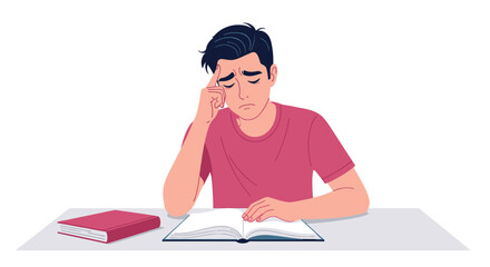 Illustration of student studying hard with open book and stress