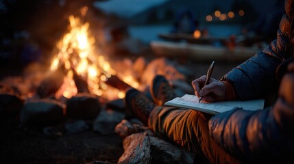 Solo camper writing in a journal by the fire
