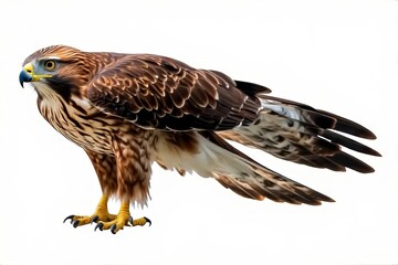 Obraz premium A majestic hawk stands alert, showcasing sharp talons, hooked beak, and patterned feathers against a clean white background with precision. AI generated. 