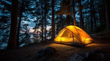 Tent illuminated from within during twilight 