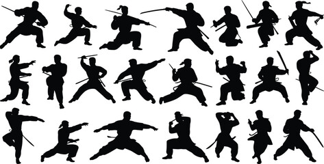 Collection of ninja silhouette vector illustrations, martial arts poses with swords, samurai warriors in action, black graphic shapes for combat and fighting-themed designs