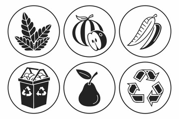 Collection of Icons Fruits Leaves Recycling and Trash Bin.