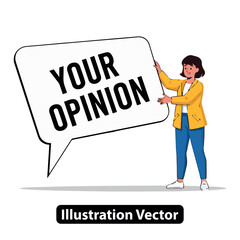Woman Holding a Speech Bubble with 'Your Opinion' Text, Representing Dialogue and Discussion
