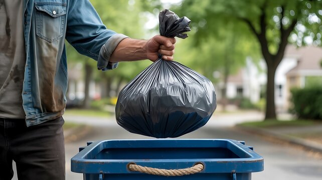 Person holding a full black trash bag over a blue garbage bin outdoors
