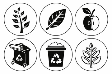 Ecofriendly icons plants apple and recycling bins.