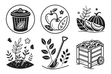 Garden Icons Compost Fruit Harvest Planting Tools and Produce.
