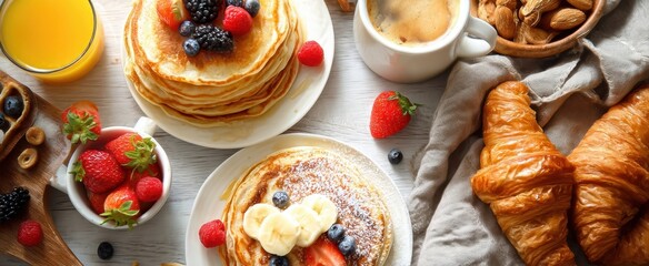 The delicious pancakes served with fresh berries and coffee in a cozy breakfast setting.