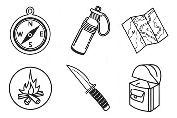 Outdoor Adventure Gear Icons Collection.
