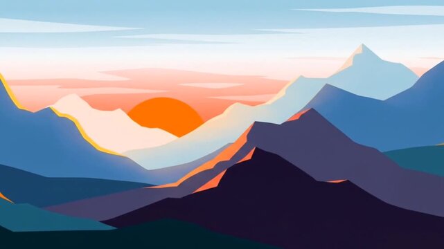 Minimalist Vector Mountain Landscape with Sunset and Layered Peaks