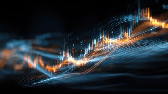 Financial Data Visualization: A vibrant digital illustration showcasing a dynamic, glowing data chart with fluctuating lines and bars, representing the ever-changing nature of financial markets.