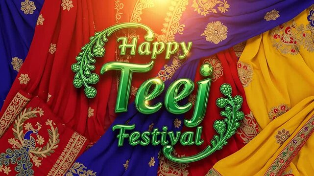 Elegant Happy Teej Festival Animation with Glossy Text and Richly Decorated Sarees