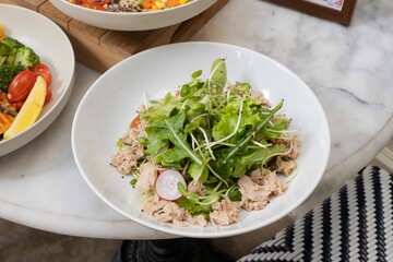 Fresh tuna salad bowl with leafy greens
